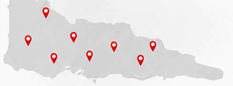 Stylised map of Victoria with red location pins showing Victoria-wide coverage